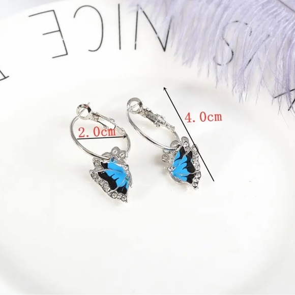 Jewelry - NEW Women Blue Enamel Butterfly Crystal Silver Plated Hoop Huggie Earrings Gift
